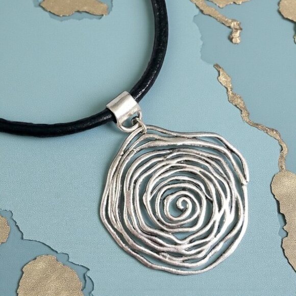 Handmade Turkish Artisan Leather Necklace Bold Zamak Spiral Flower Pendant - Picture 7 of 10
